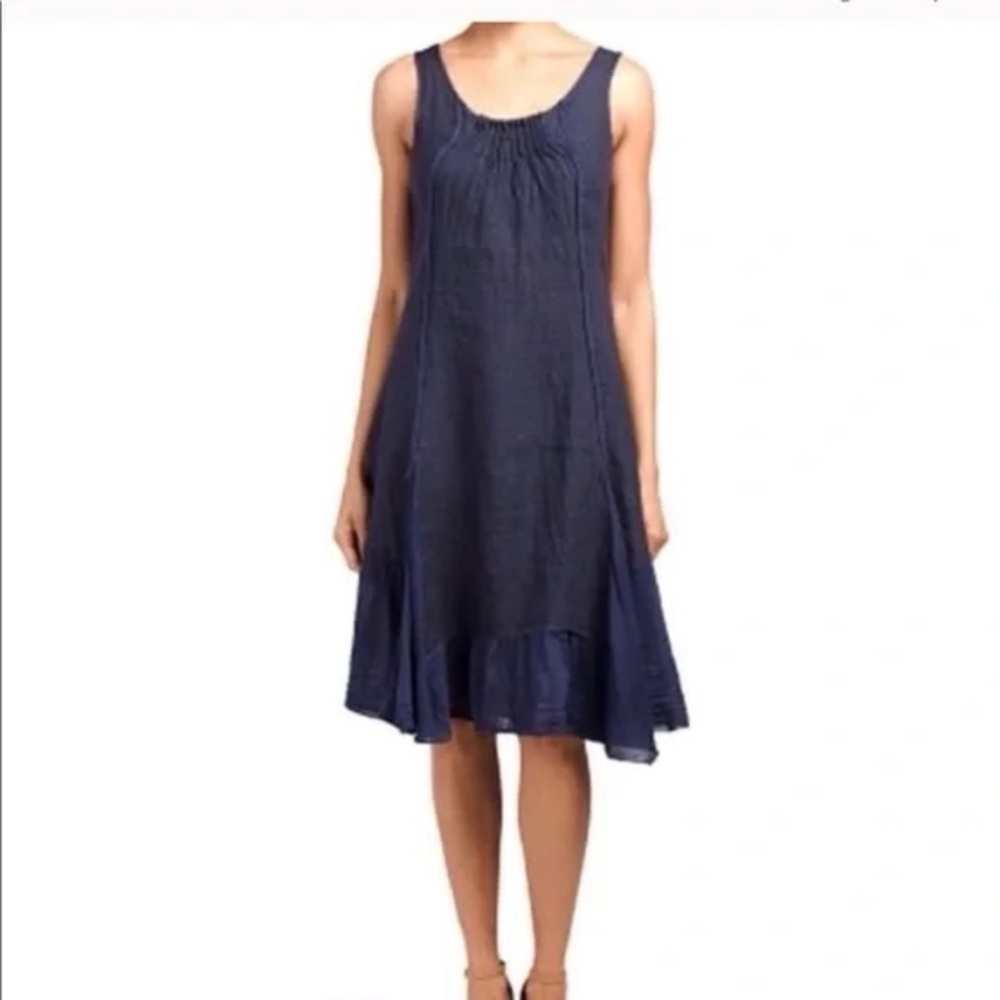 Lina Tomei Asymmetric Sleeveless Navy Linen Silk Dress, size S